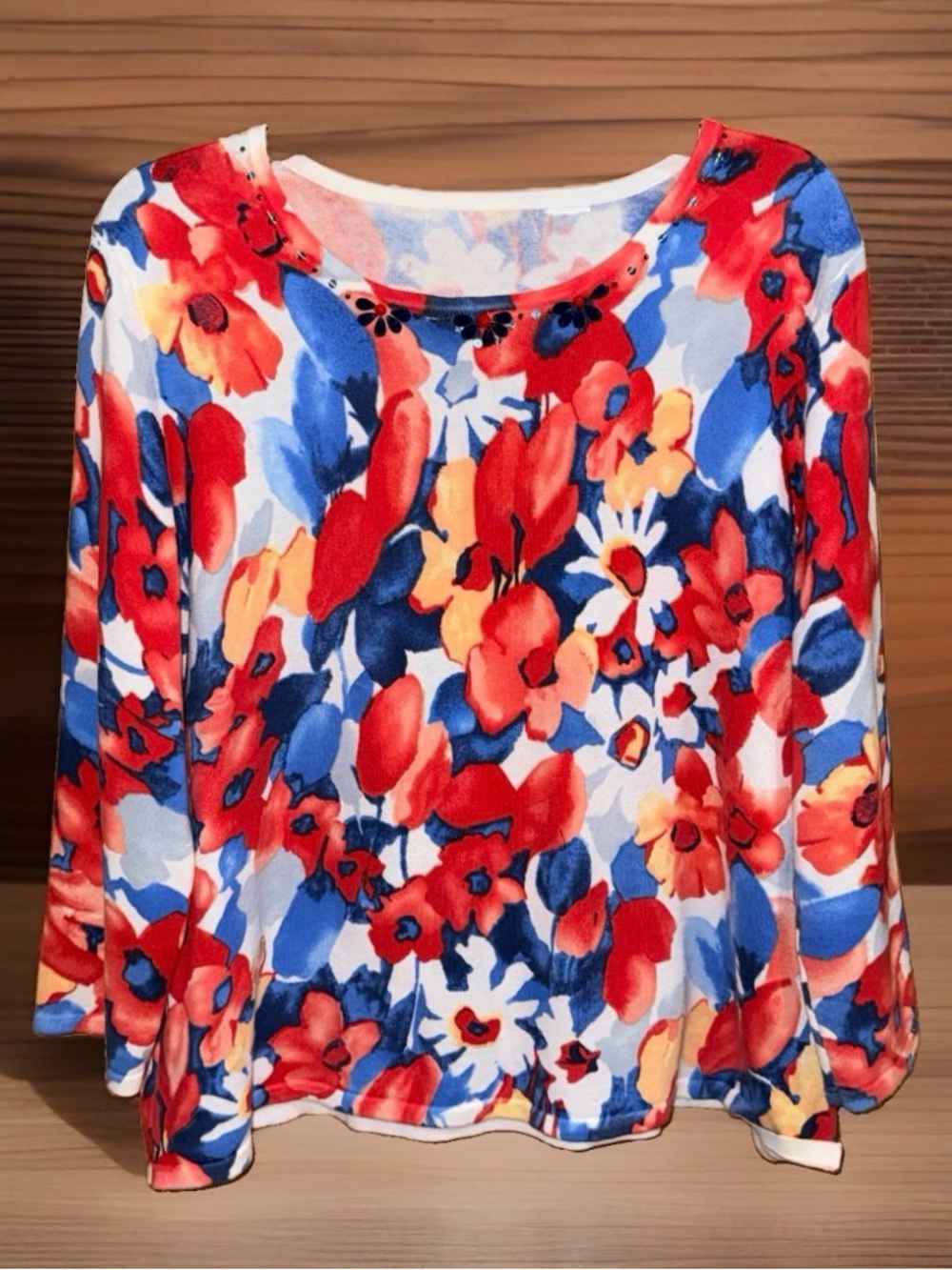 Alfred Dunner Floral Scoop Neck Long Sleeve Knit Top-Red Blue Yellow-1XP-EC